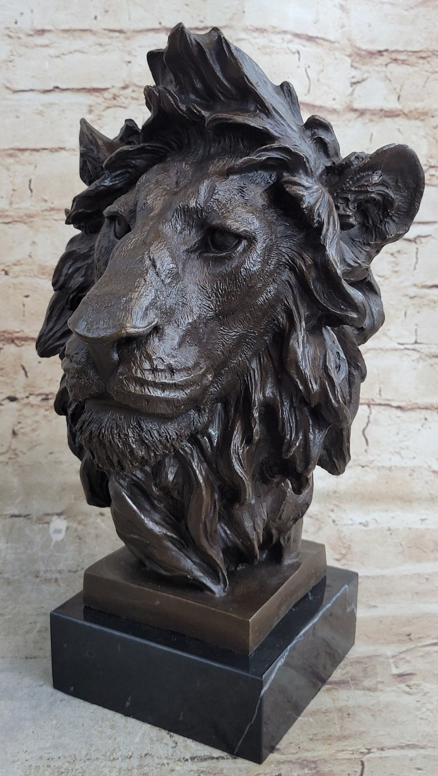 Hot Cast Signed Bronze Royal Lion Statue Sculpture Bust Marble Base Figurine Art