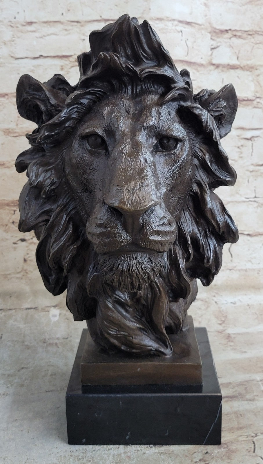 Hot Cast Signed Bronze Royal Lion Statue Sculpture Bust Marble Base Figurine Art