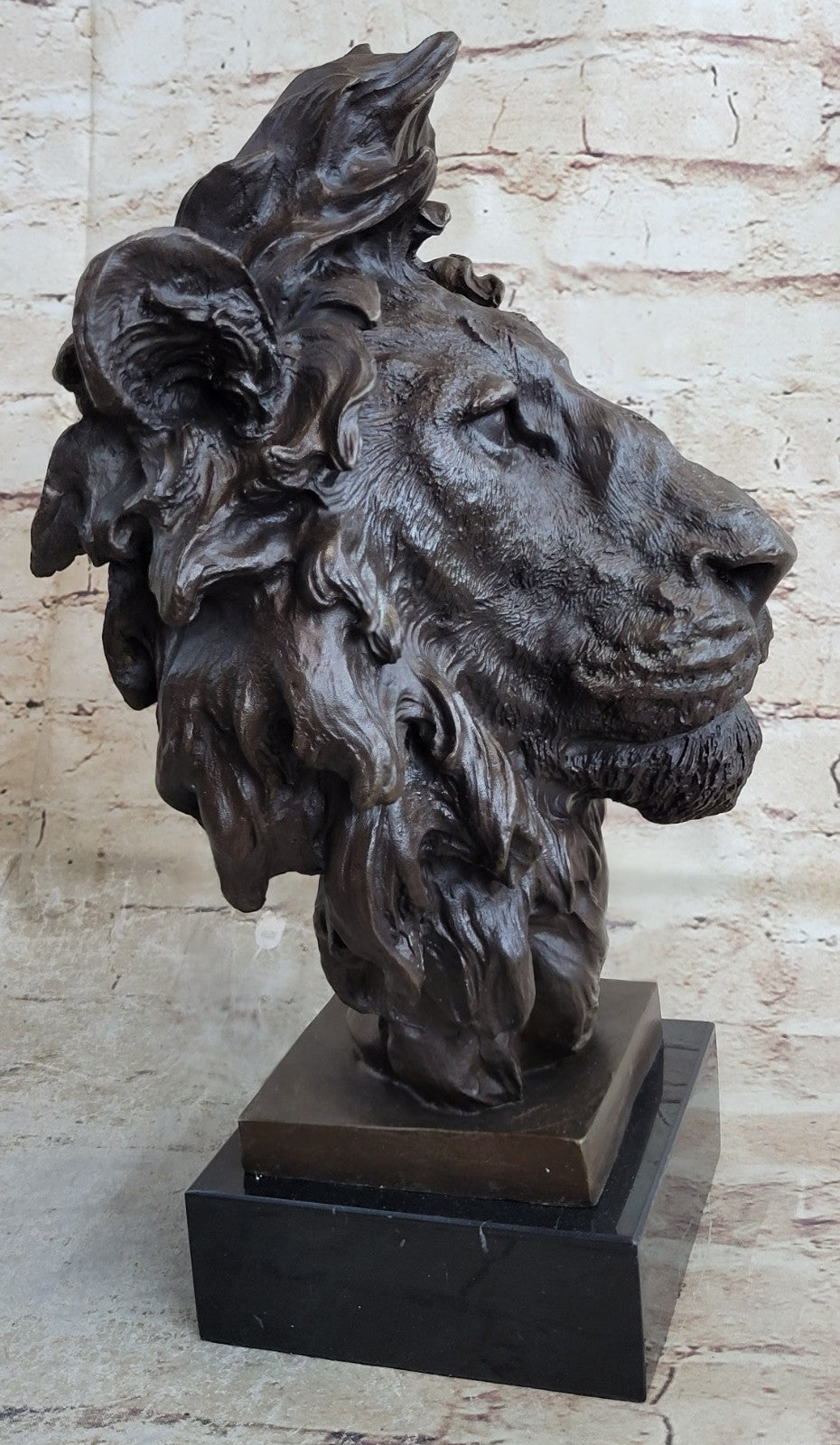Hot Cast Signed Bronze Royal Lion Statue Sculpture Bust Marble Base Figurine Art