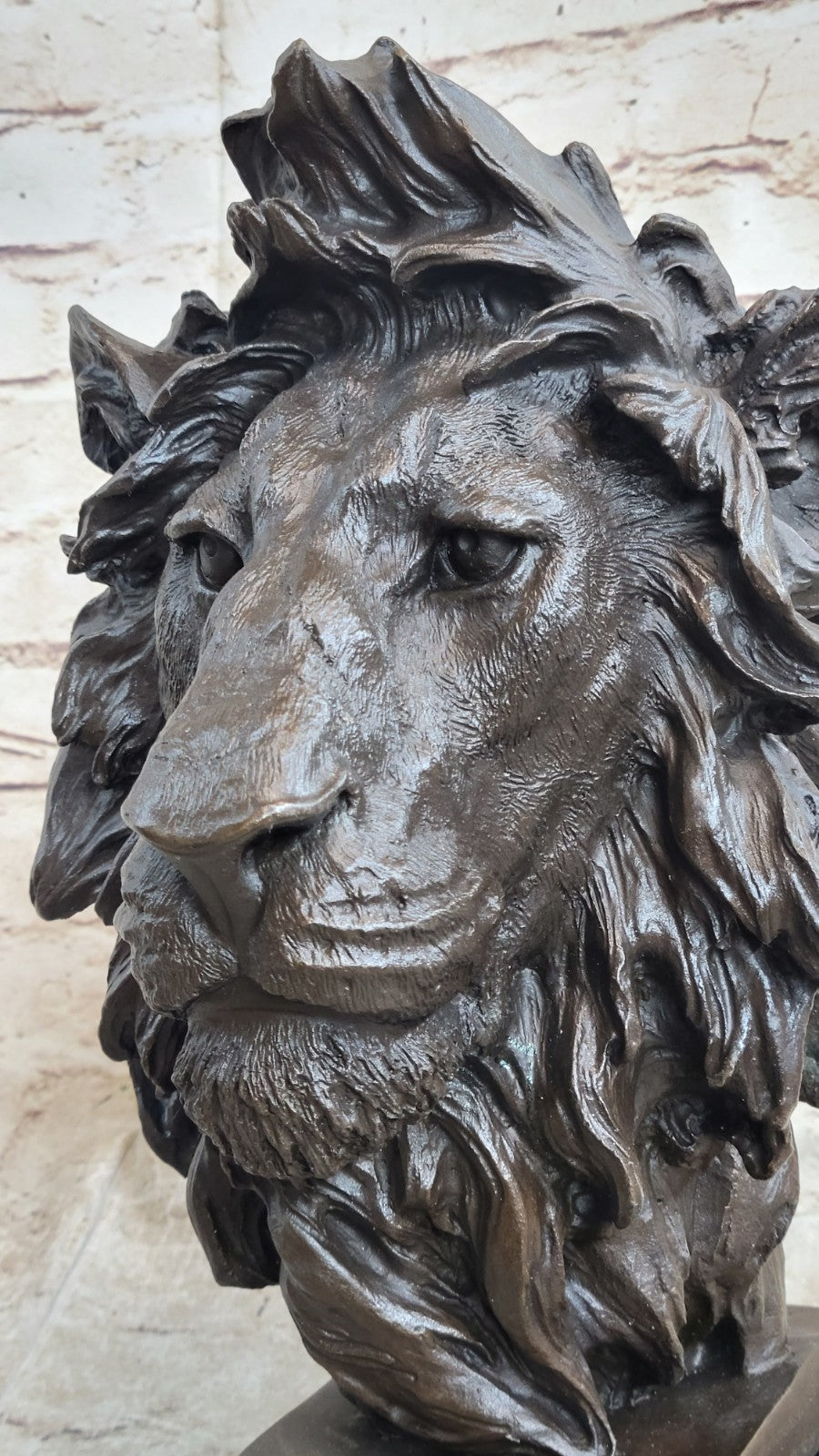 Hot Cast Signed Bronze Royal Lion Statue Sculpture Bust Marble Base Figurine Art