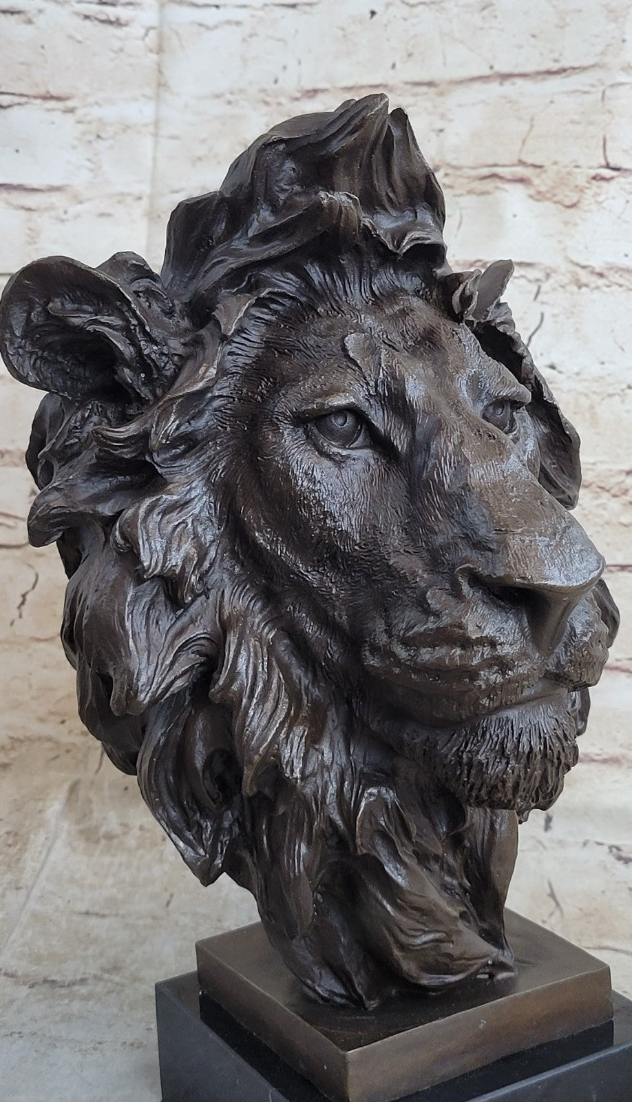 Hot Cast Signed Bronze Royal Lion Statue Sculpture Bust Marble Base Figurine Art