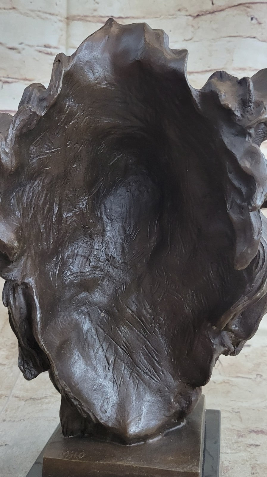 Hot Cast Signed Bronze Royal Lion Statue Sculpture Bust Marble Base Figurine Art