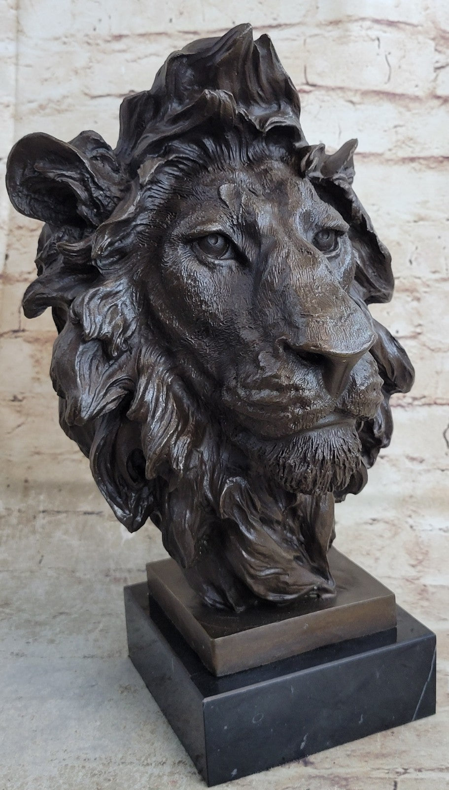 Hot Cast Signed Bronze Royal Lion Statue Sculpture Bust Marble Base Figurine Art