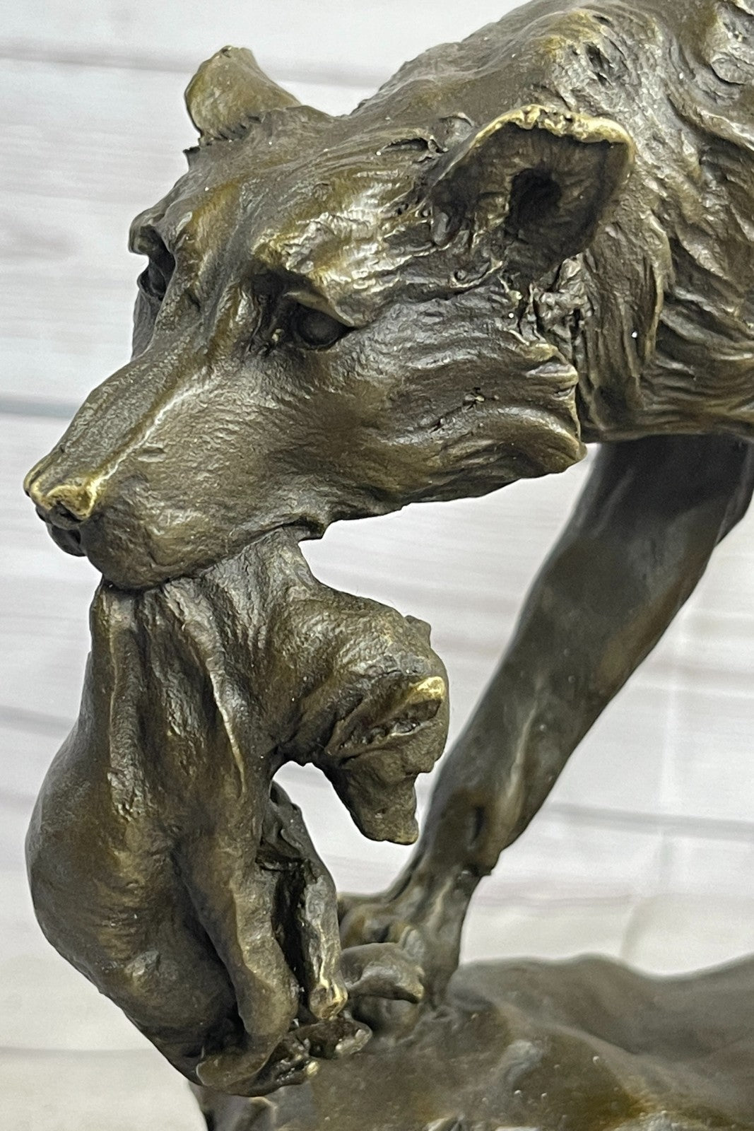 Bronze Deco Wolf protecting her cub Sculpture Marble Statue Signed Lecourtier Art