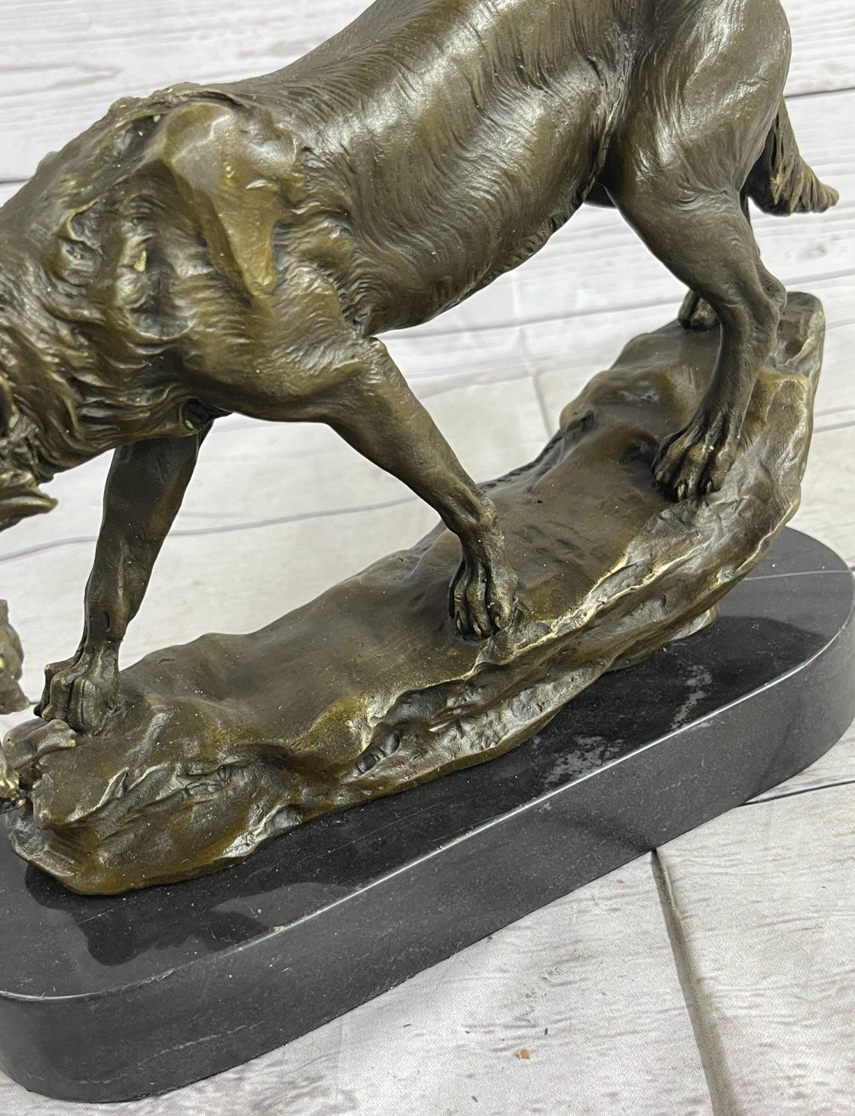 Bronze Deco Wolf protecting her cub Sculpture Marble Statue Signed Lecourtier Art