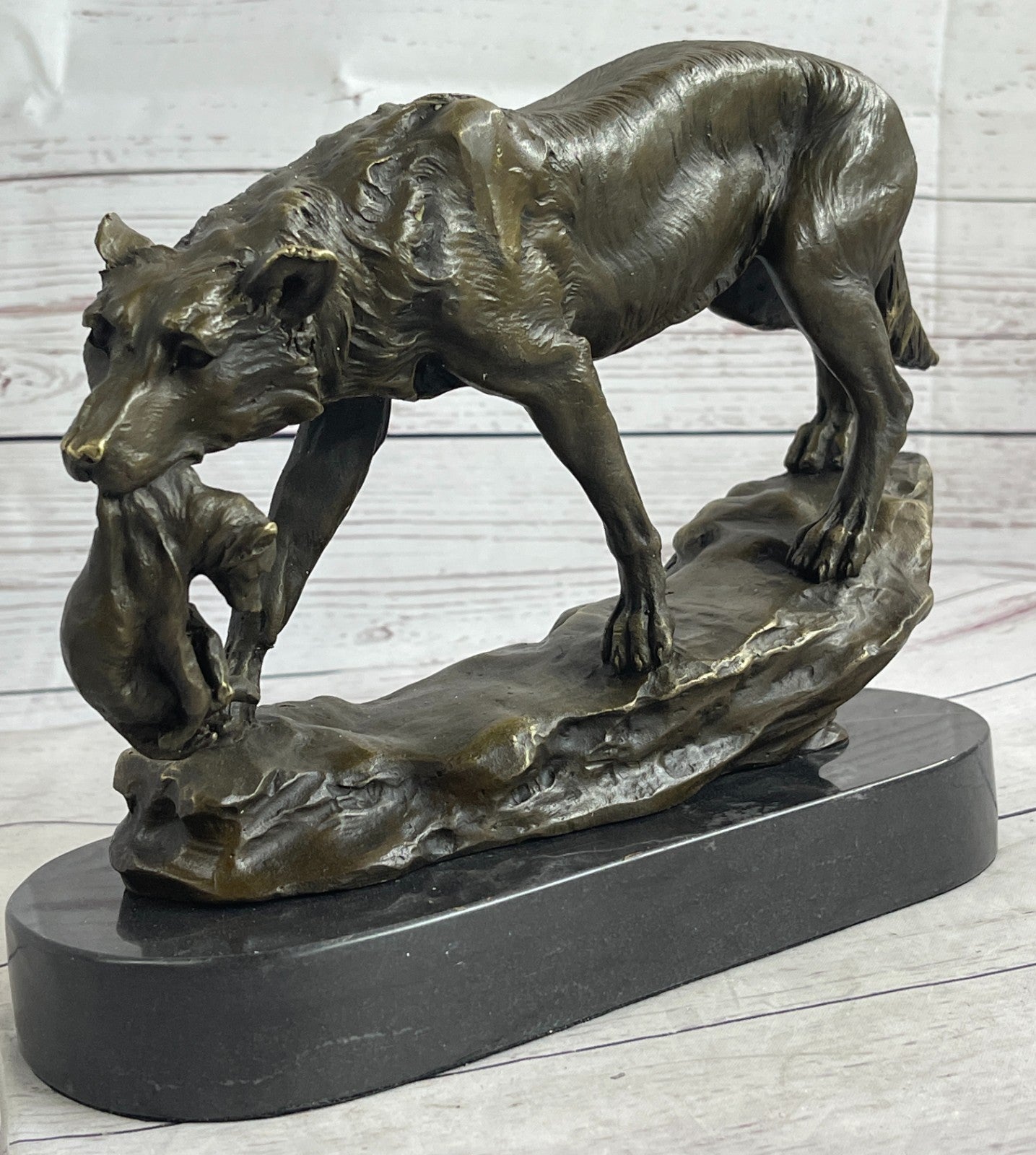 Bronze Deco Wolf protecting her cub Sculpture Marble Statue Signed Lecourtier Art