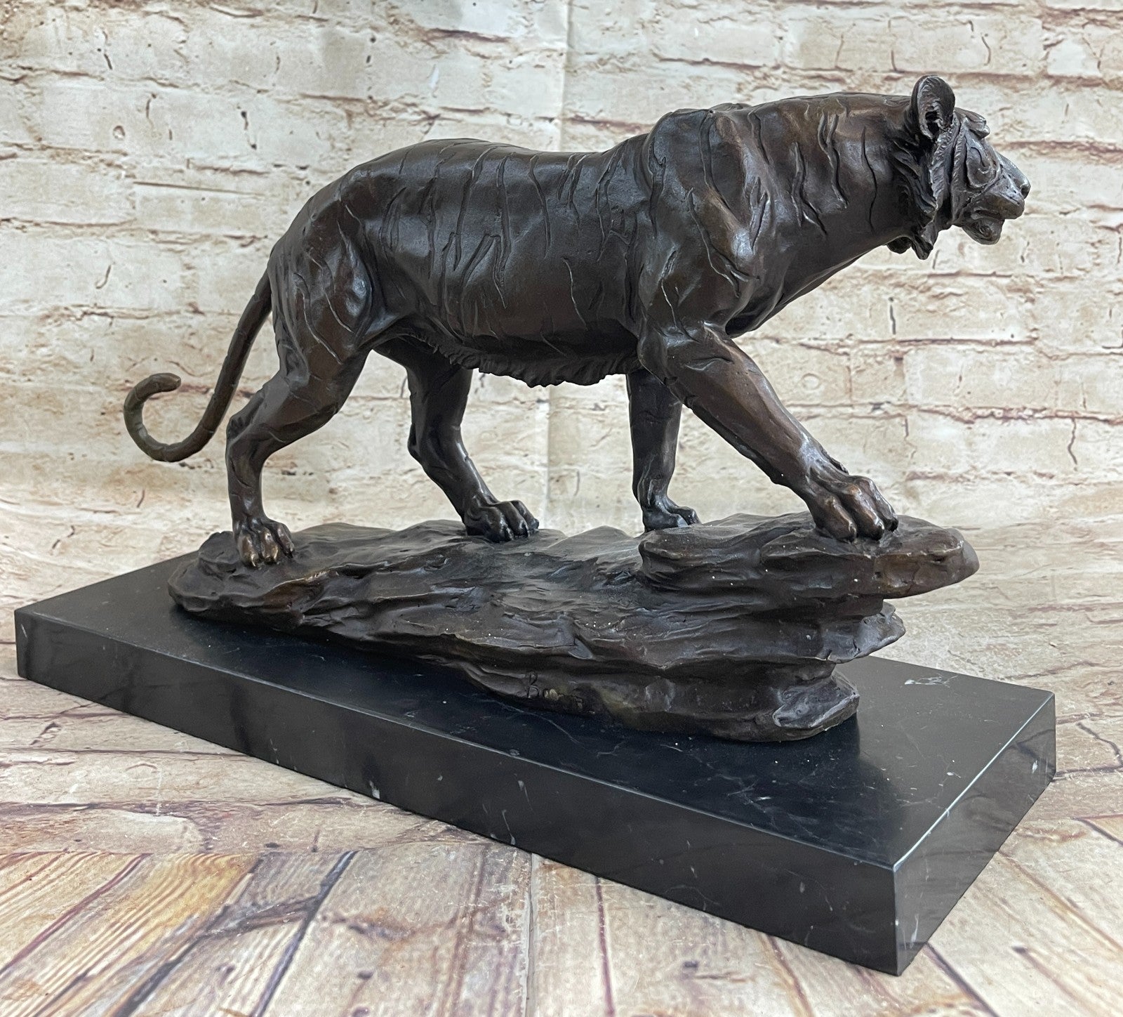 Hot Cast Art Deco African Tiger Bronze Sculpture Marble Base Wildlife Statue LRG