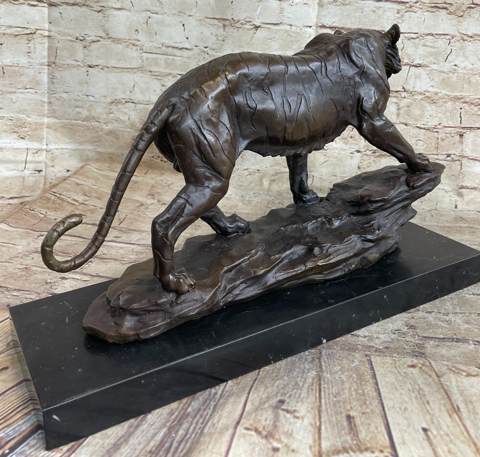Hot Cast Art Deco African Tiger Bronze Sculpture Marble Base Wildlife Statue LRG