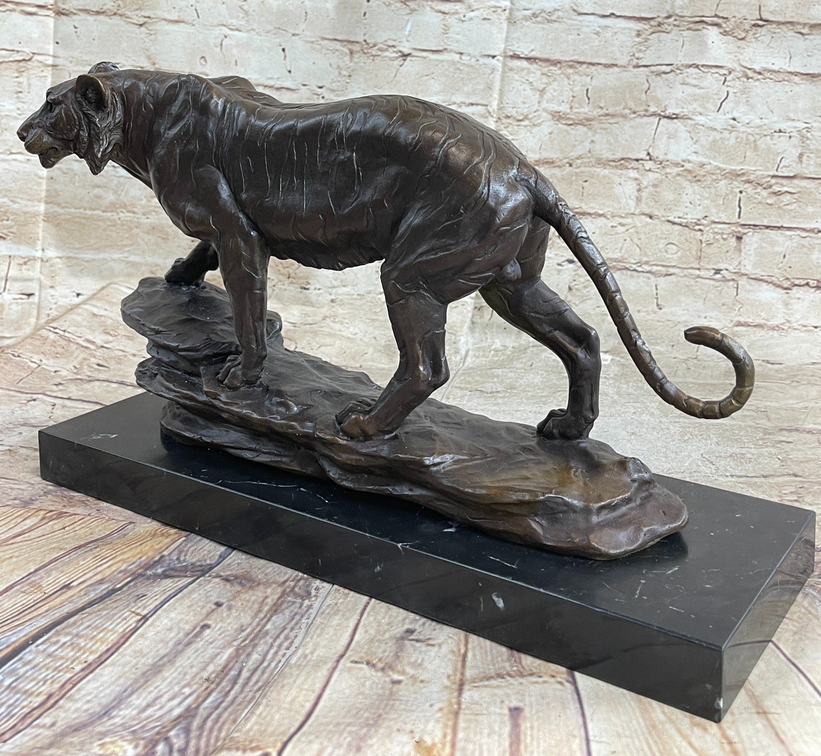 Hot Cast Art Deco African Tiger Bronze Sculpture Marble Base Wildlife Statue LRG