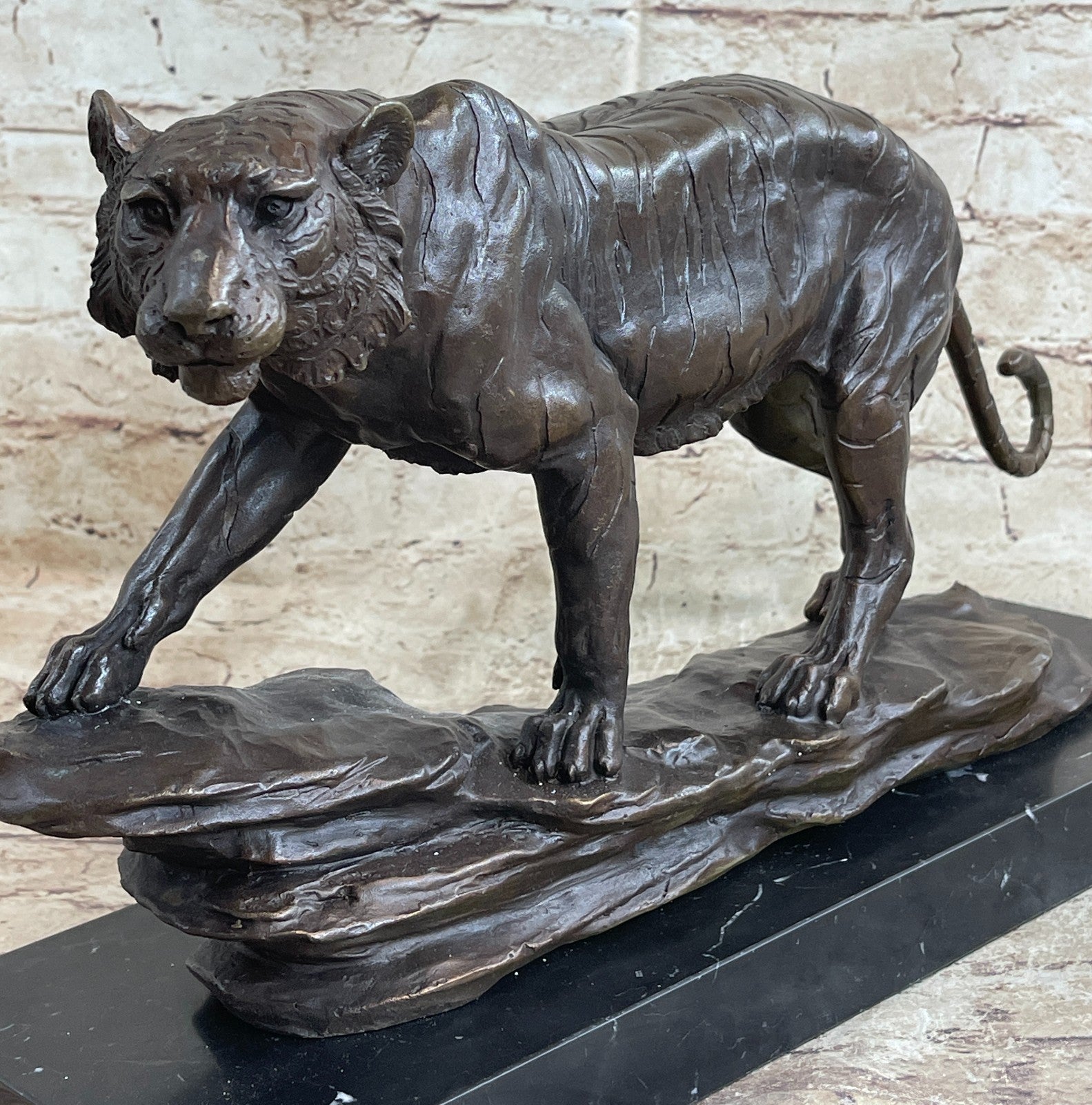 Hot Cast Art Deco African Tiger Bronze Sculpture Marble Base Wildlife Statue LRG