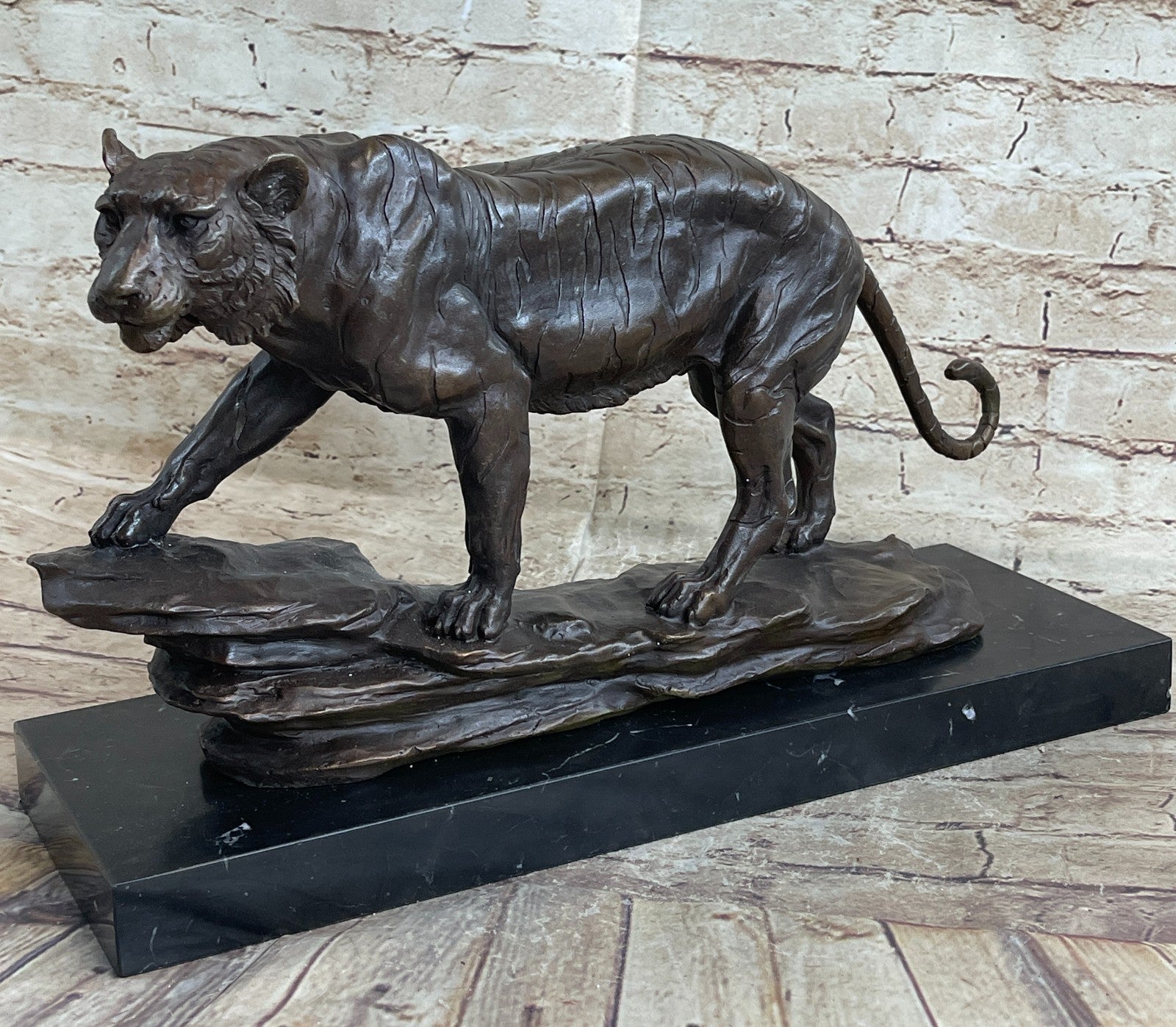 Hot Cast Art Deco African Tiger Bronze Sculpture Marble Base Wildlife Statue LRG