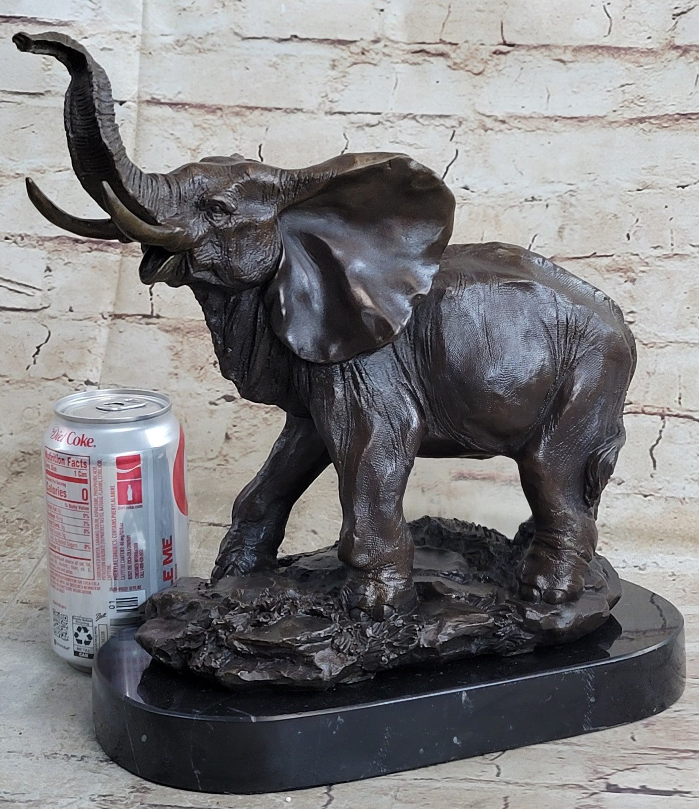 WILD LIFE ELEPHANT BRONZE STATUE W/MARBLE BASE, SIGNED SCULPTURE FIGURINE DECOR
