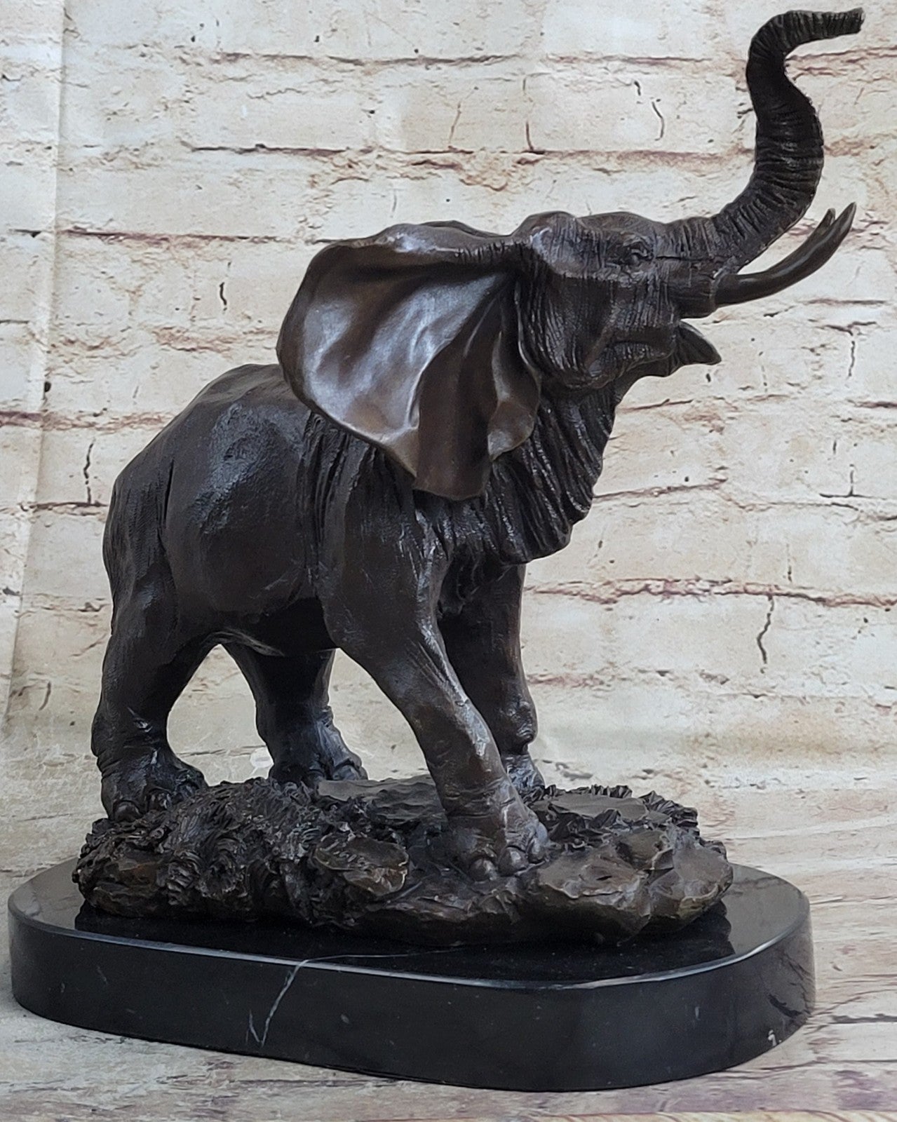 WILD LIFE ELEPHANT BRONZE STATUE W/MARBLE BASE, SIGNED SCULPTURE FIGURINE DECOR