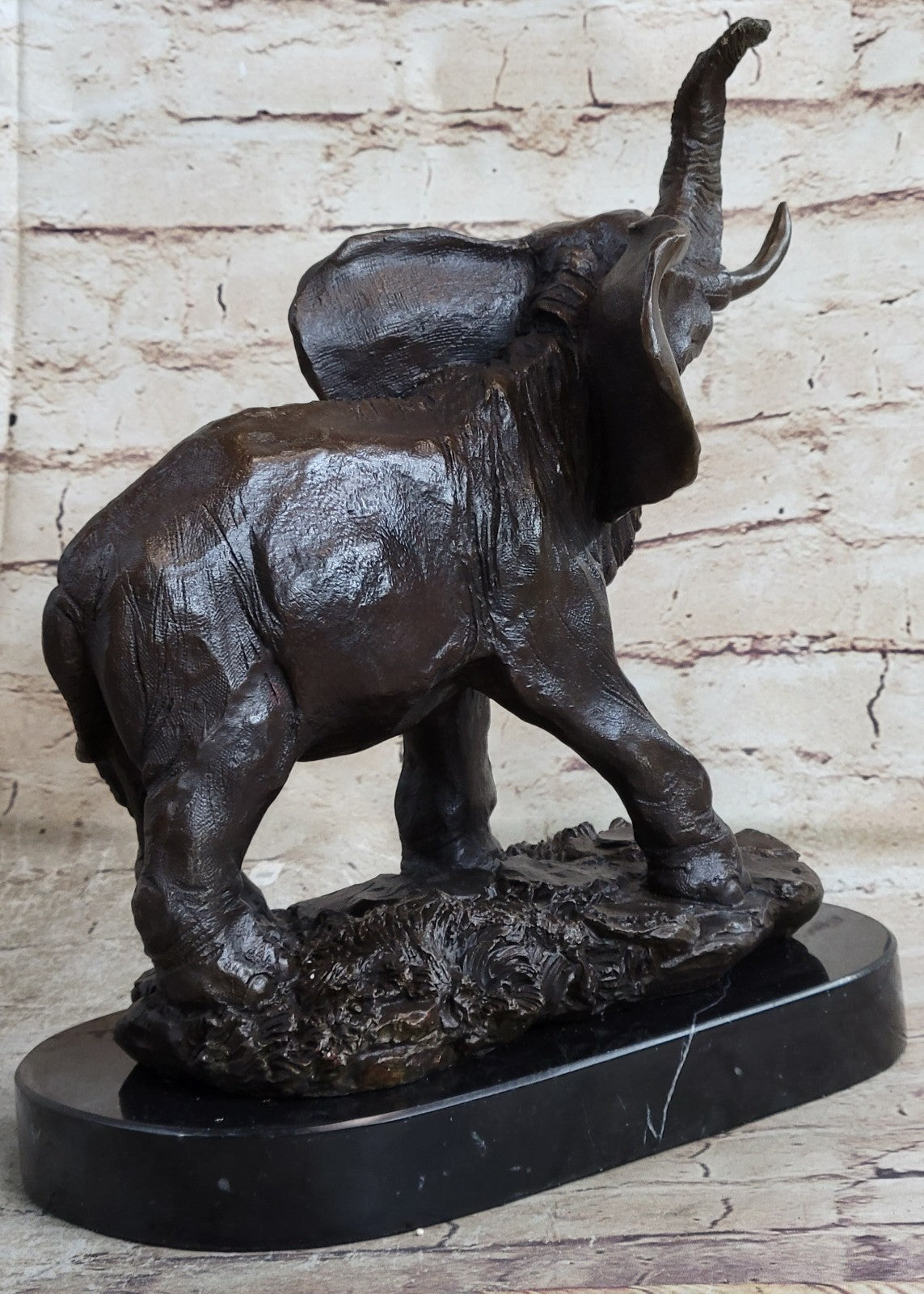WILD LIFE ELEPHANT BRONZE STATUE W/MARBLE BASE, SIGNED SCULPTURE FIGURINE DECOR