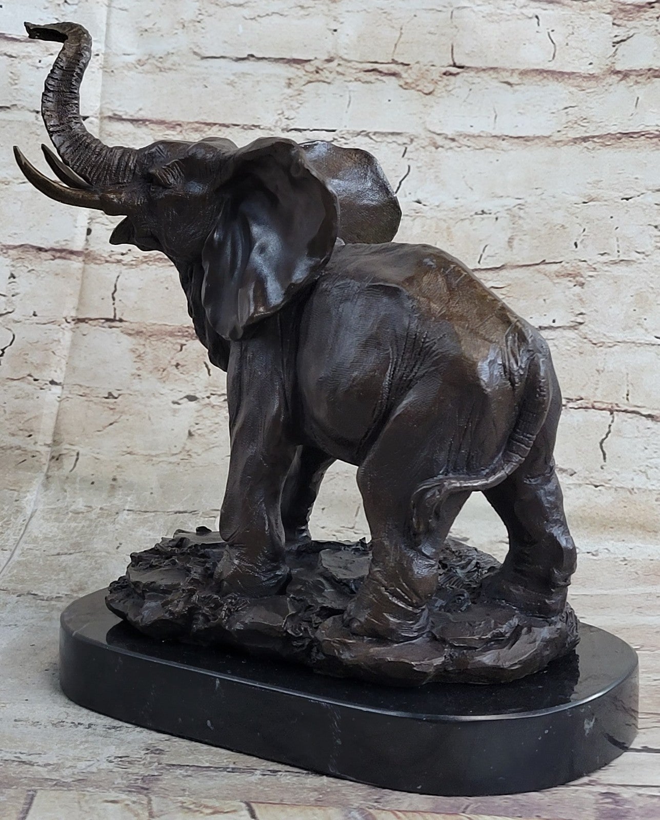 WILD LIFE ELEPHANT BRONZE STATUE W/MARBLE BASE, SIGNED SCULPTURE FIGURINE DECOR