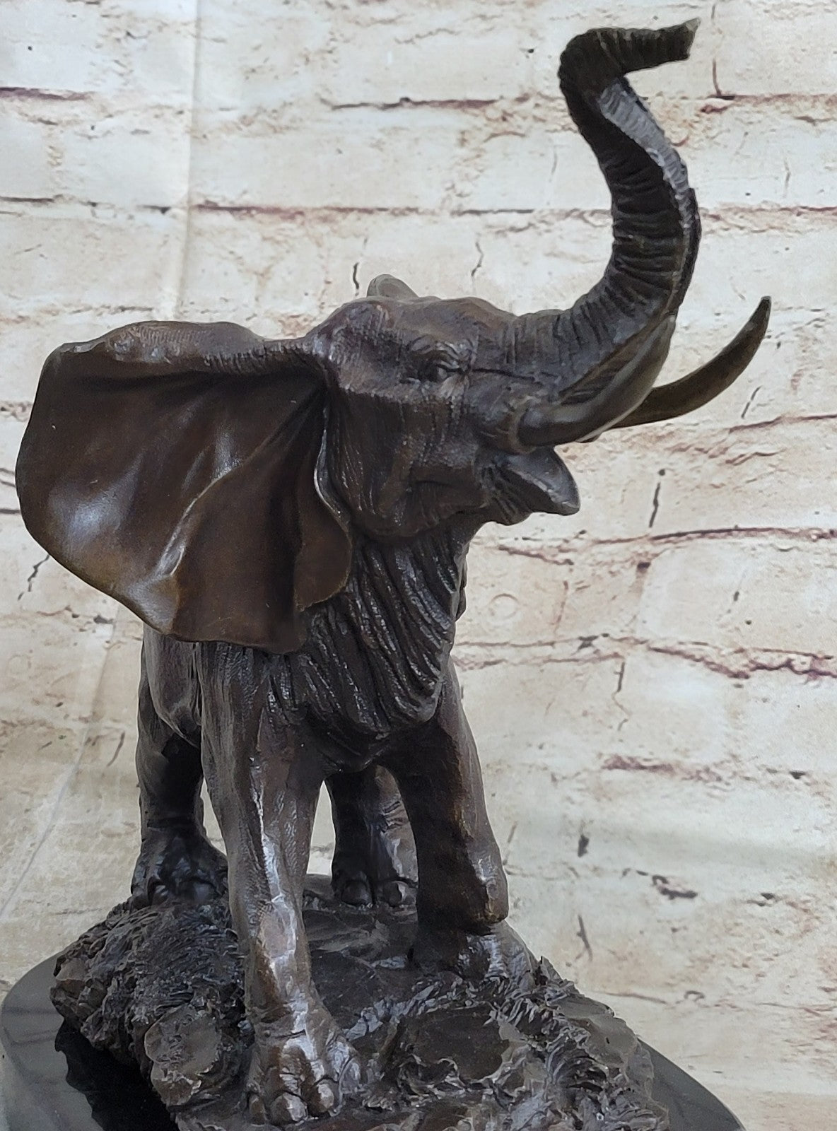 WILD LIFE ELEPHANT BRONZE STATUE W/MARBLE BASE, SIGNED SCULPTURE FIGURINE DECOR