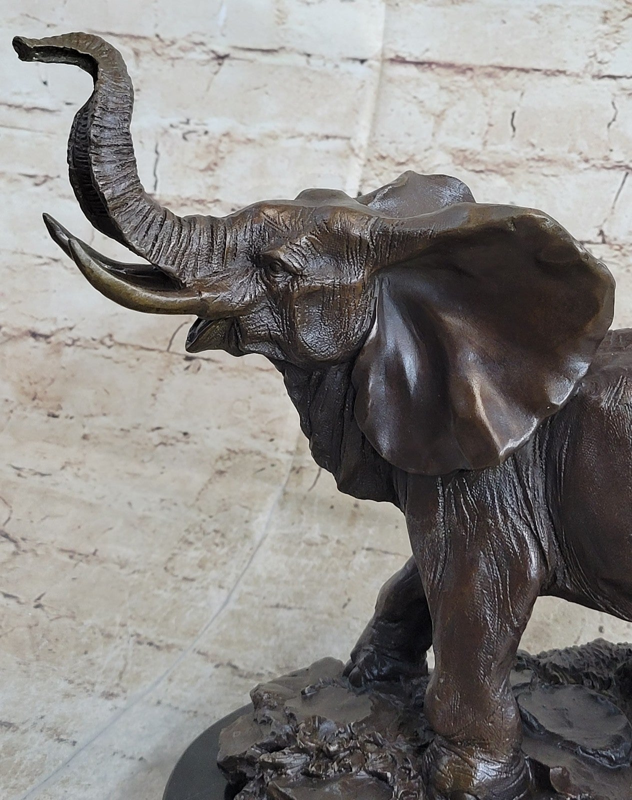 WILD LIFE ELEPHANT BRONZE STATUE W/MARBLE BASE, SIGNED SCULPTURE FIGURINE DECOR
