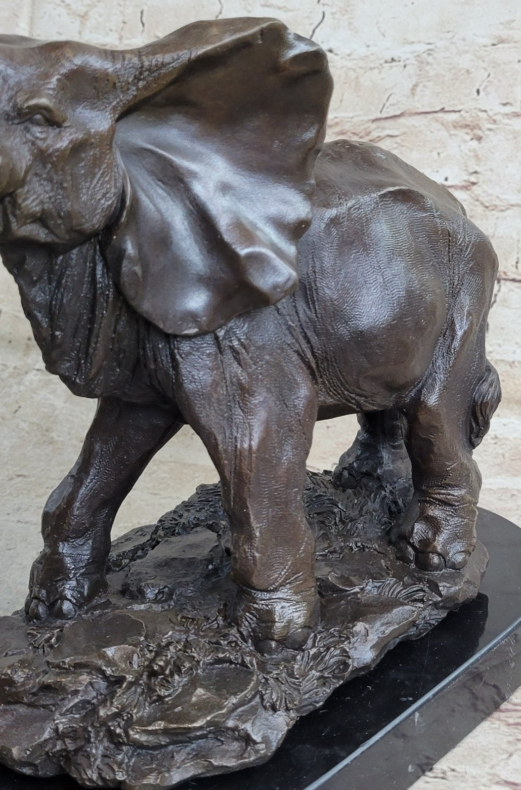 WILD LIFE ELEPHANT BRONZE STATUE W/MARBLE BASE, SIGNED SCULPTURE FIGURINE DECOR