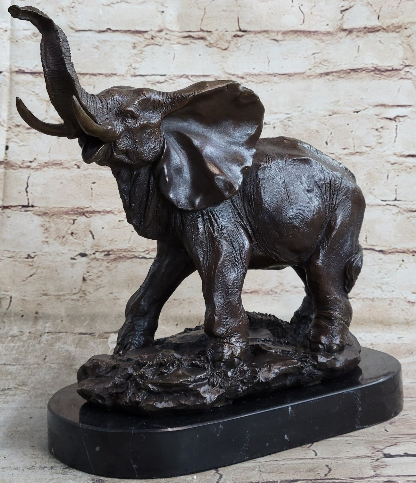 WILD LIFE ELEPHANT BRONZE STATUE W/MARBLE BASE, SIGNED SCULPTURE FIGURINE DECOR