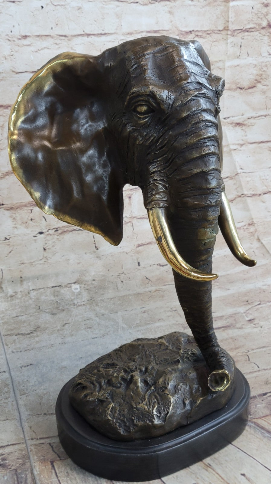 Genuine Bronze Metal Statue Marble Head Elephant Safari Sculpture Figurine