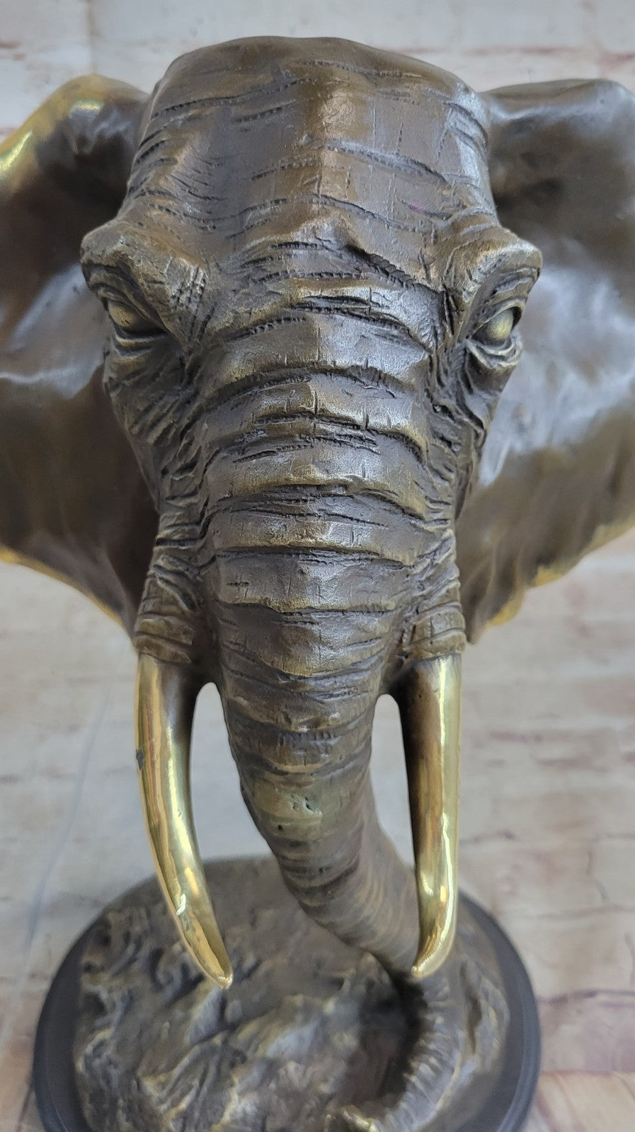 Genuine Bronze Metal Statue Marble Head Elephant Safari Sculpture Figurine