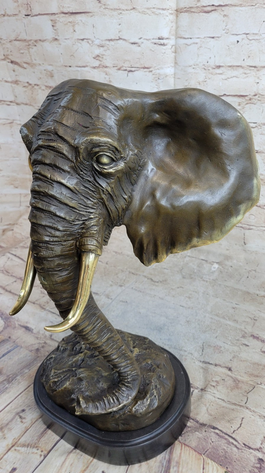 Genuine Bronze Metal Statue Marble Head Elephant Safari Sculpture Figurine