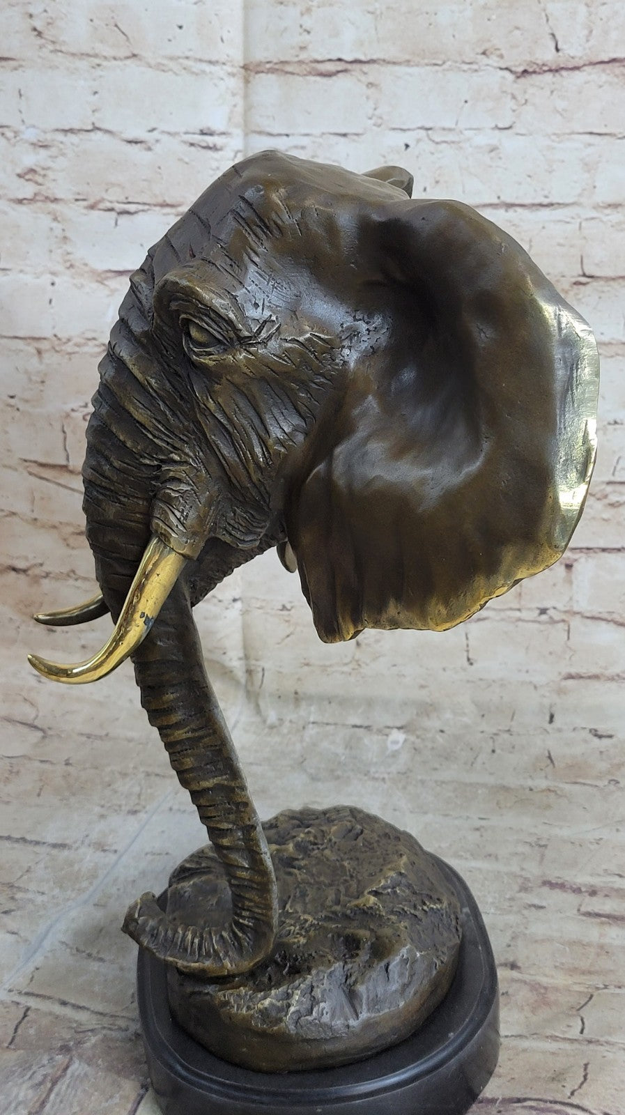 Genuine Bronze Metal Statue Marble Head Elephant Safari Sculpture Figurine