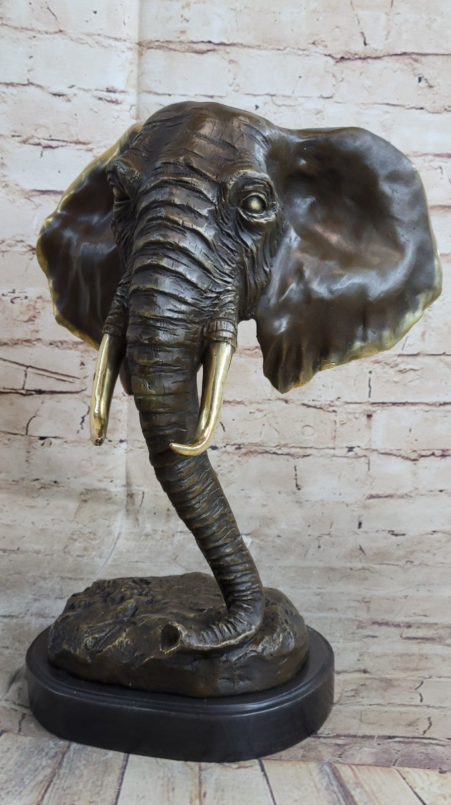 Genuine Bronze Metal Statue Marble Head Elephant Safari Sculpture Figurine