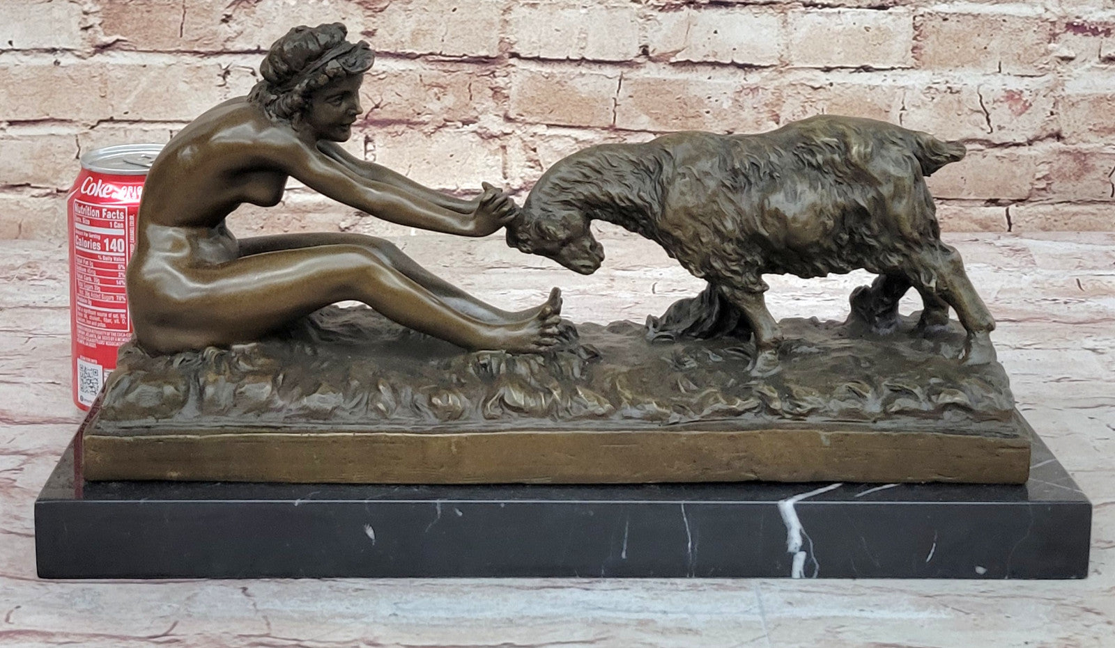 Gory`s Nude Girl with Goat: Genuine Bronze Art Nouveau Sculpture, Hot Cast Decor