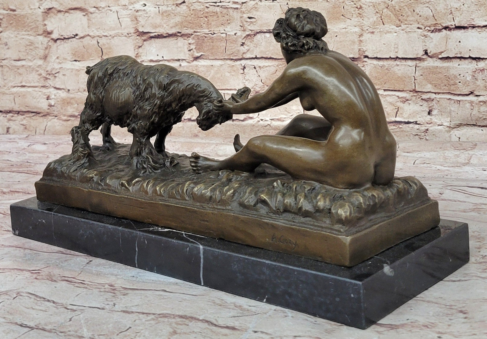 Gory`s Nude Girl with Goat: Genuine Bronze Art Nouveau Sculpture, Hot Cast Decor