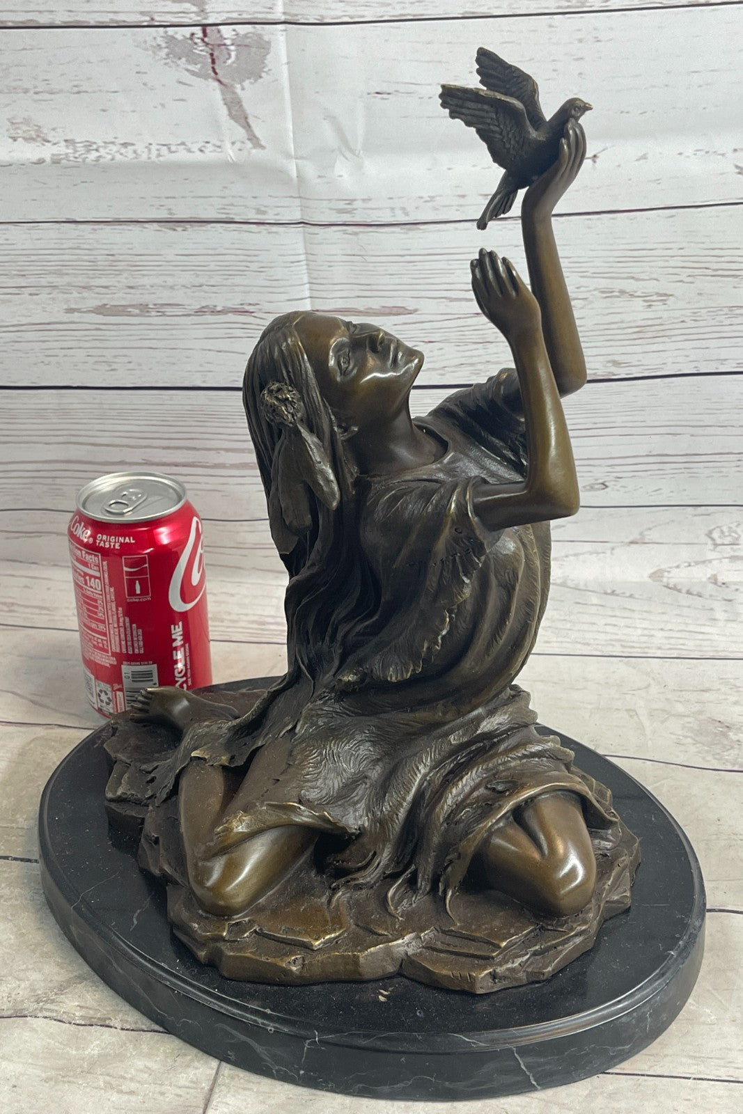 Collectible Native American Woman Bronze Statue with Bird by Milo Fine Art Figurine