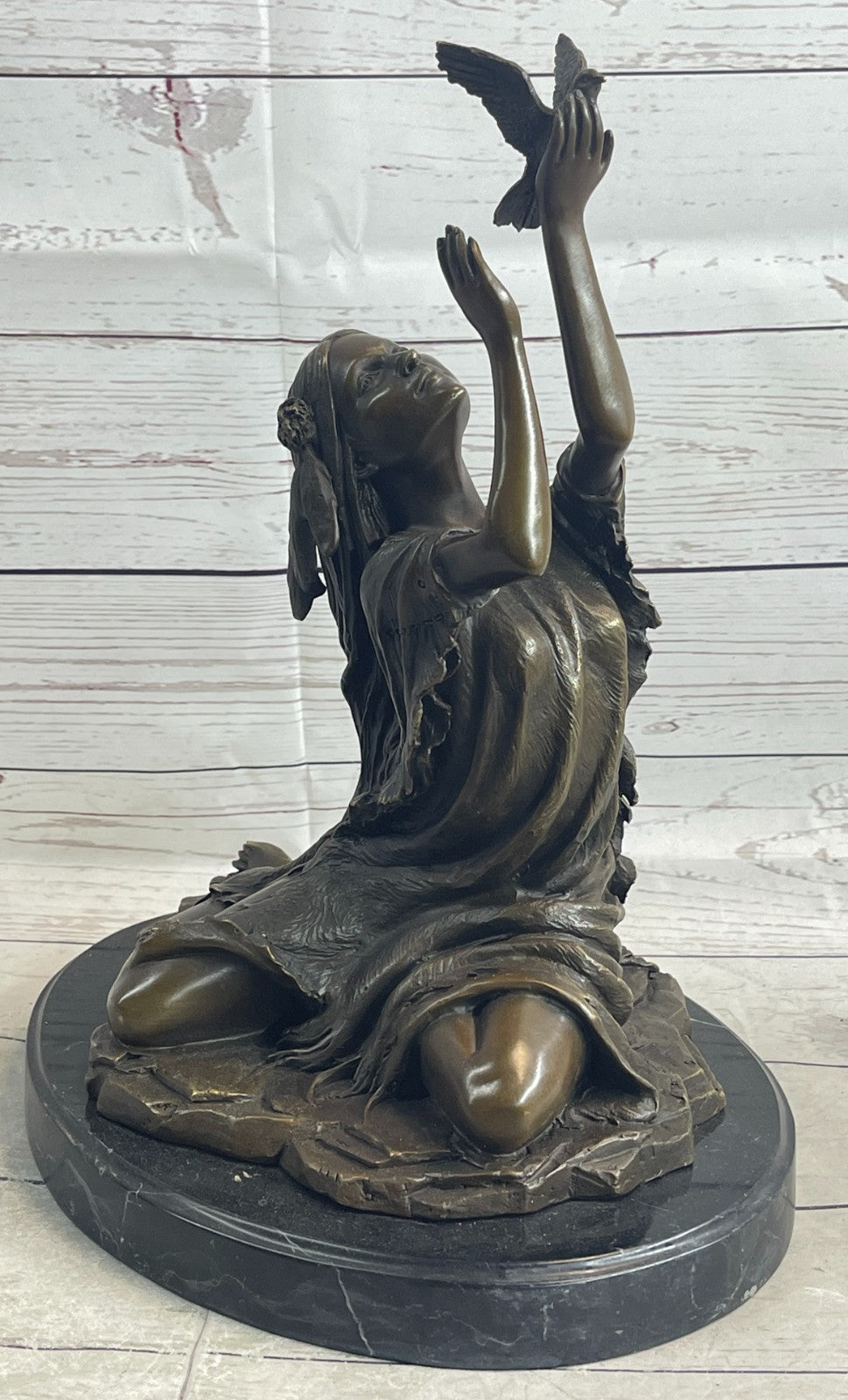 Collectible Native American Woman Bronze Statue with Bird by Milo Fine Art Figurine