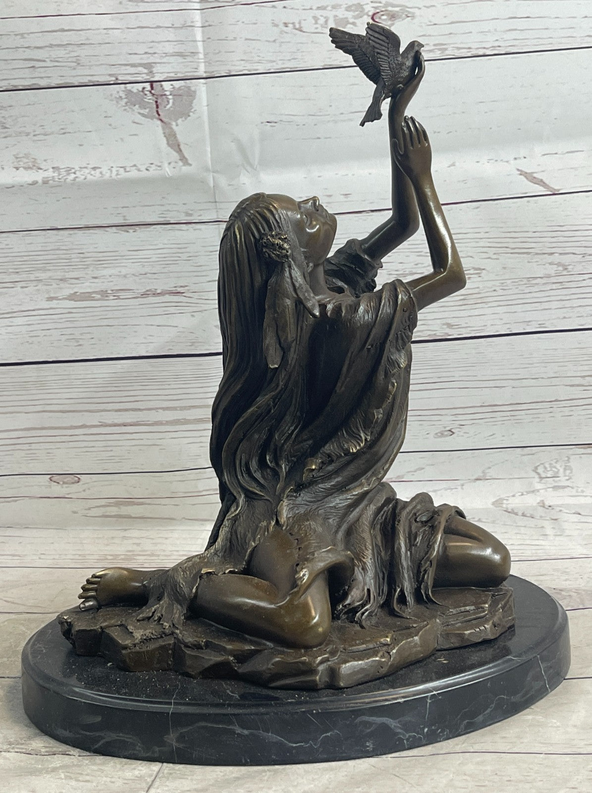 Collectible Native American Woman Bronze Statue with Bird by Milo Fine Art Figurine