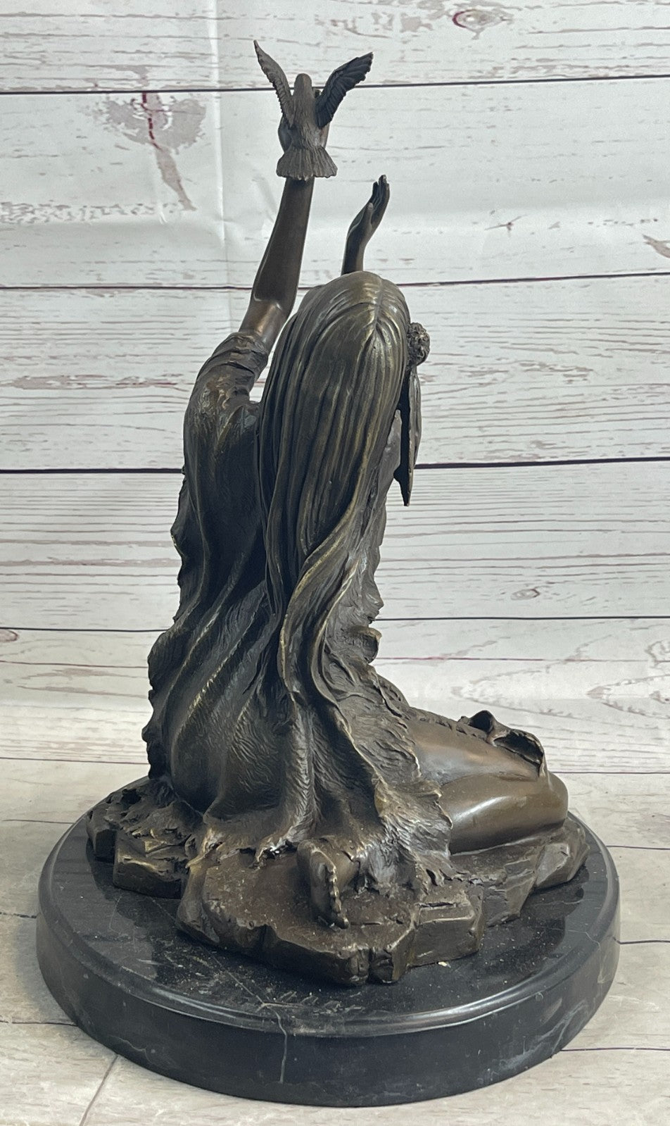 Collectible Native American Woman Bronze Statue with Bird by Milo Fine Art Figurine