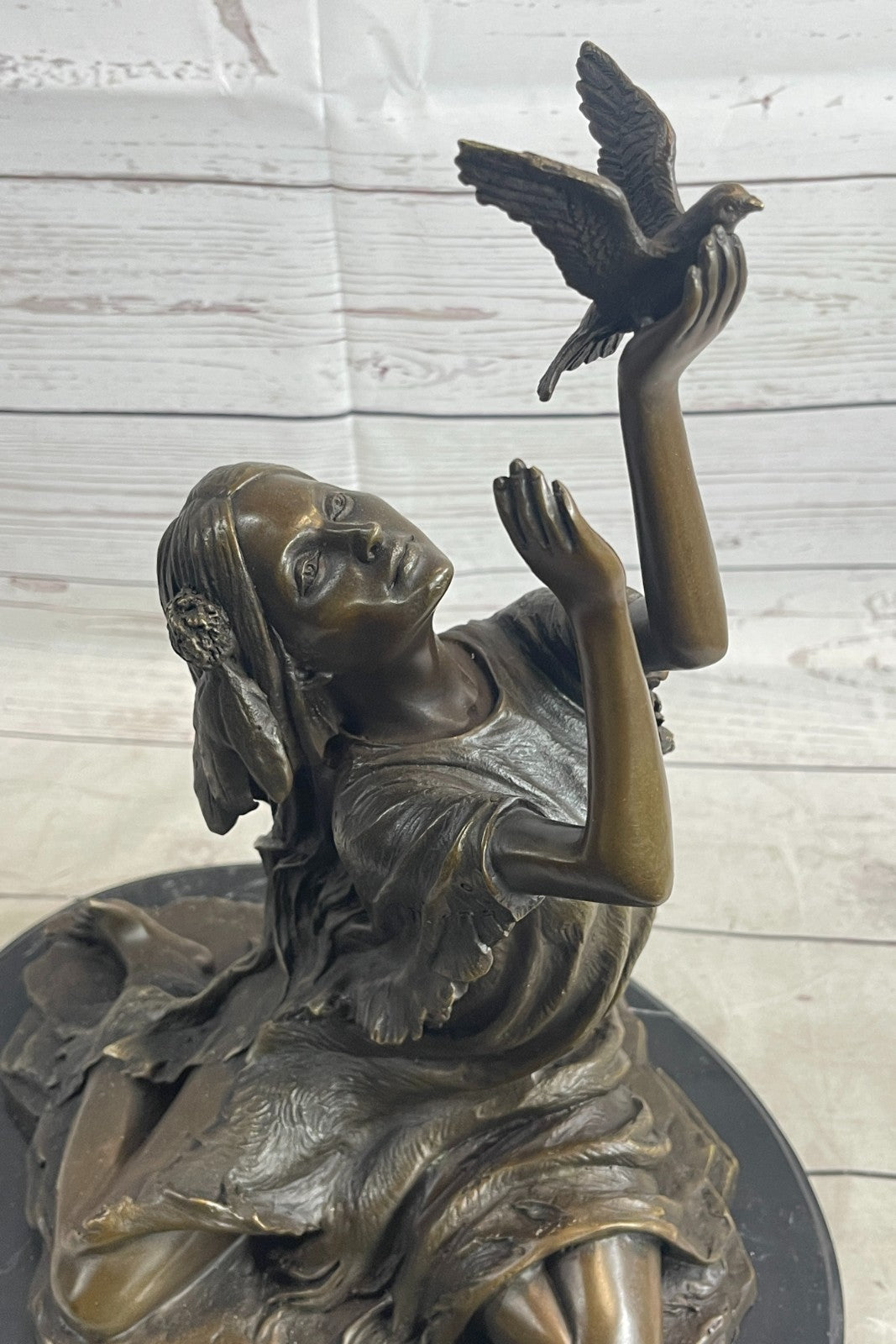 Collectible Native American Woman Bronze Statue with Bird by Milo Fine Art Figurine