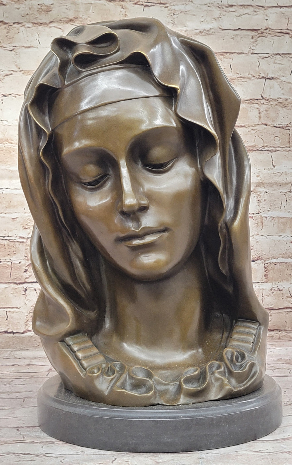 Luxurious Decor: Michelangelo`s Madonna Della Pieta - Bronze Bust on Marble Base