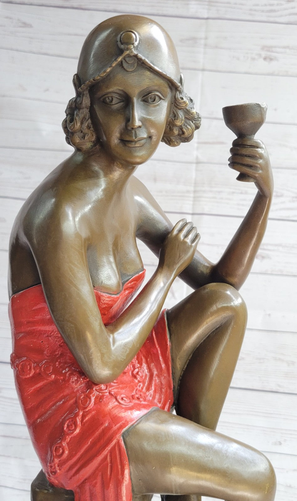 100% Bronze lady holding champagne cup on stool statues Art Nouveau Sale