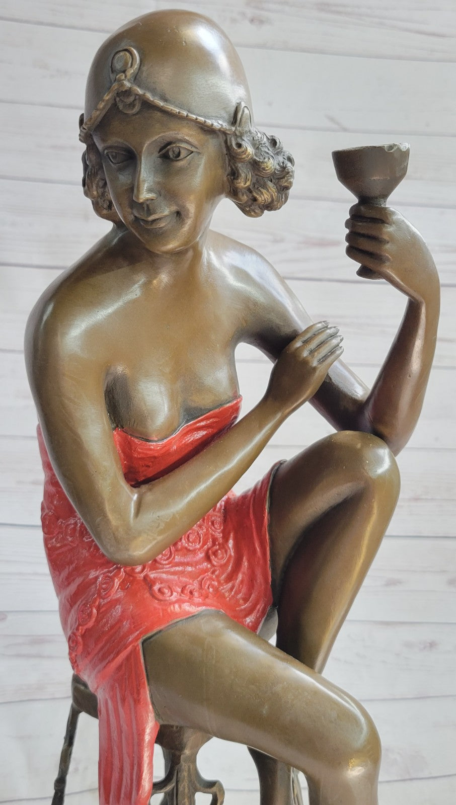 100% Bronze lady holding champagne cup on stool statues Art Nouveau Sale