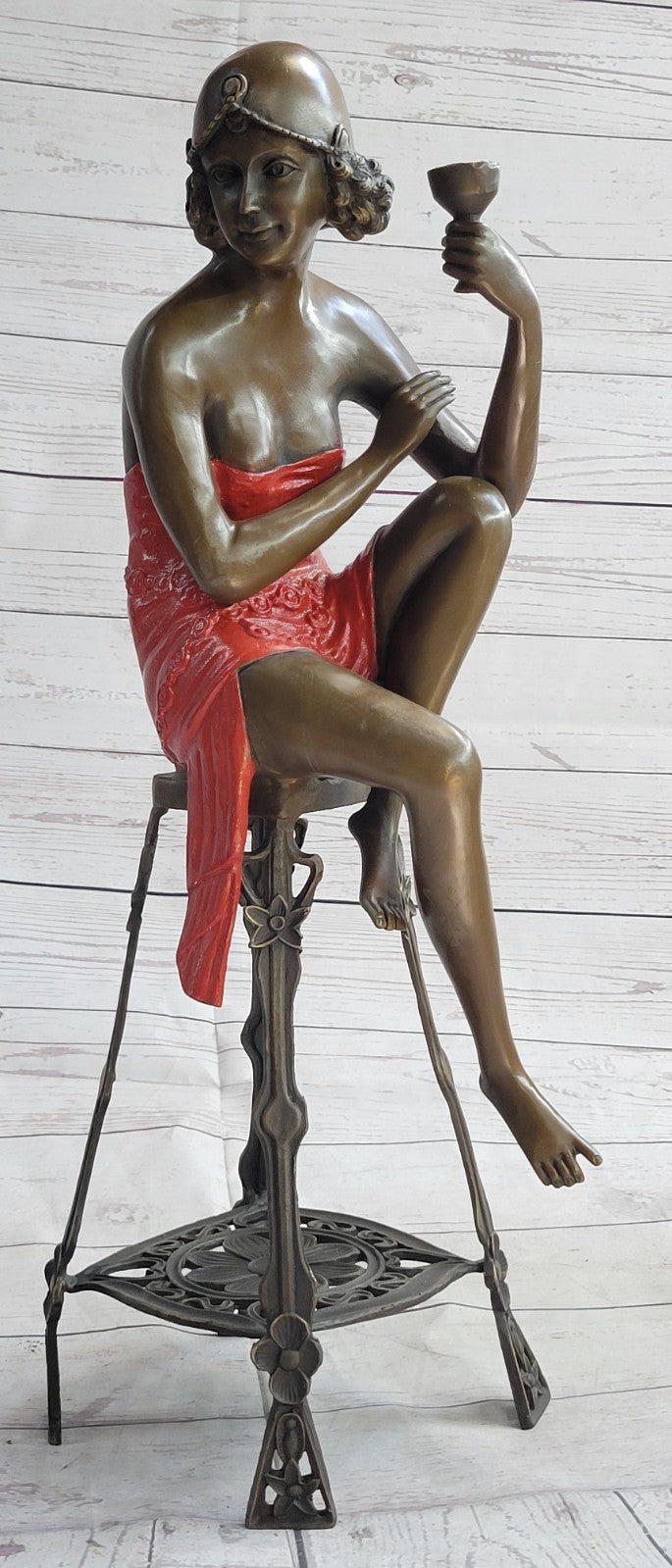 100% Bronze lady holding champagne cup on stool statues Art Nouveau Sale