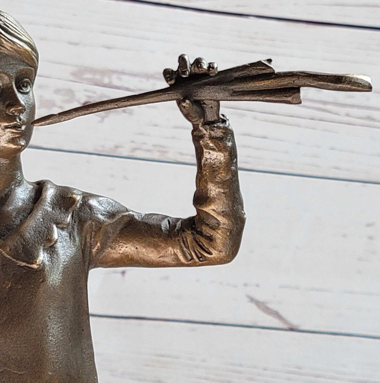 Modernist Solid Bronze Figure Flute Musician sculpture signed Haubner instrument 12.5”