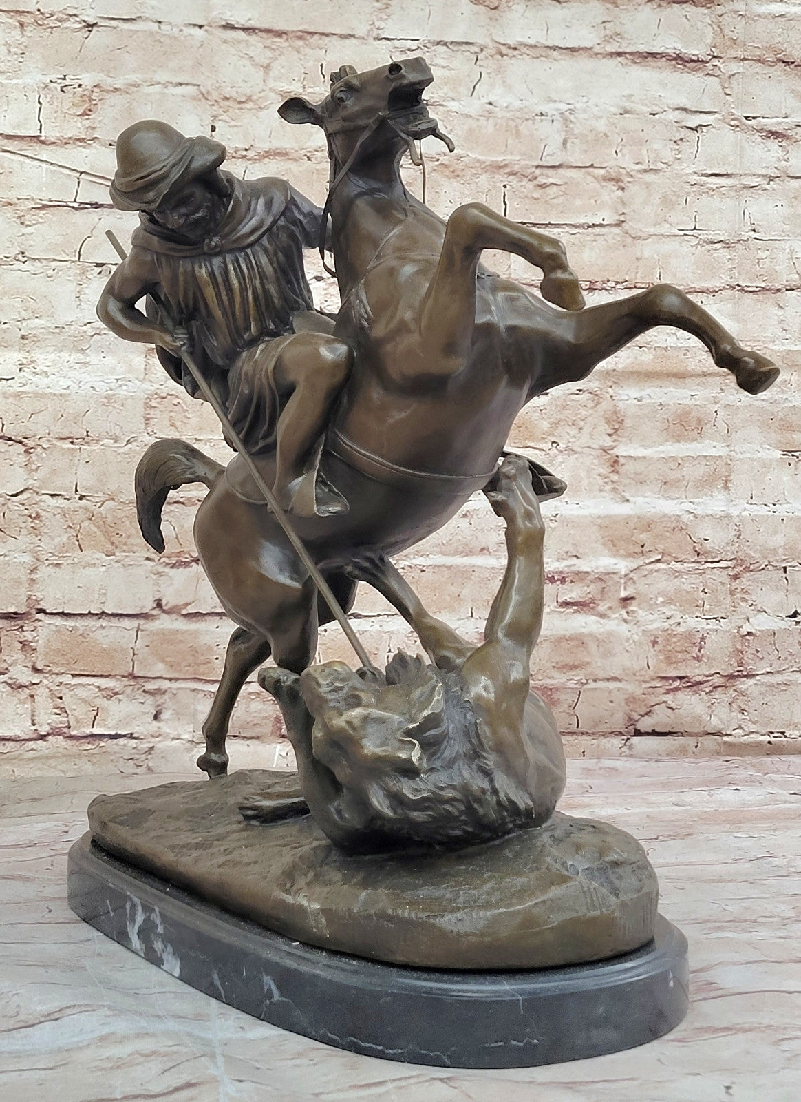 Classic Safari Scene: Barye`s Lion Hunt - Arabian Man on Horse Bronze Statue