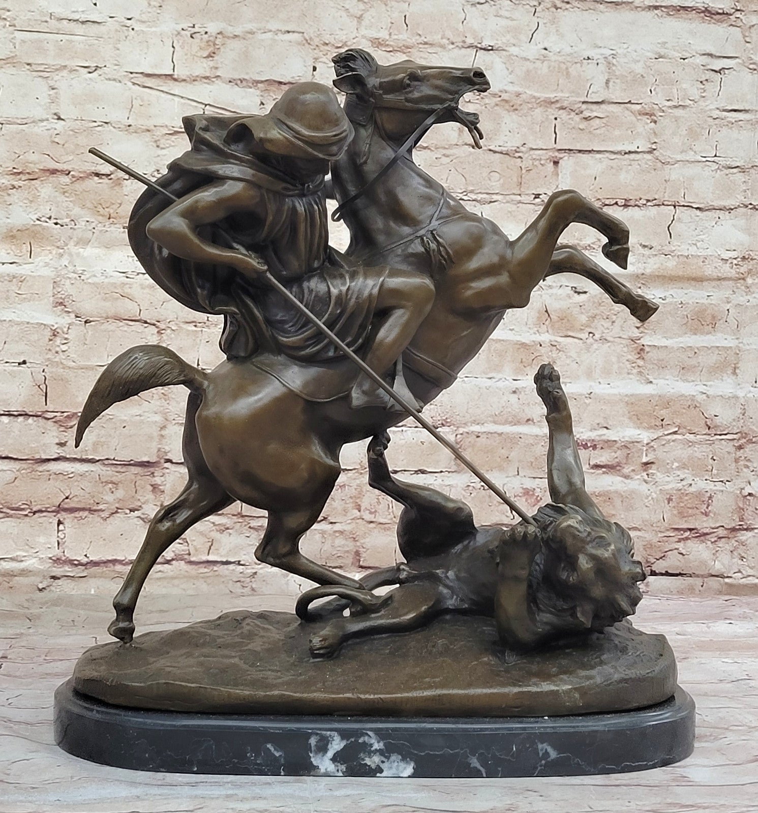 Classic Safari Scene: Barye`s Lion Hunt - Arabian Man on Horse Bronze Statue