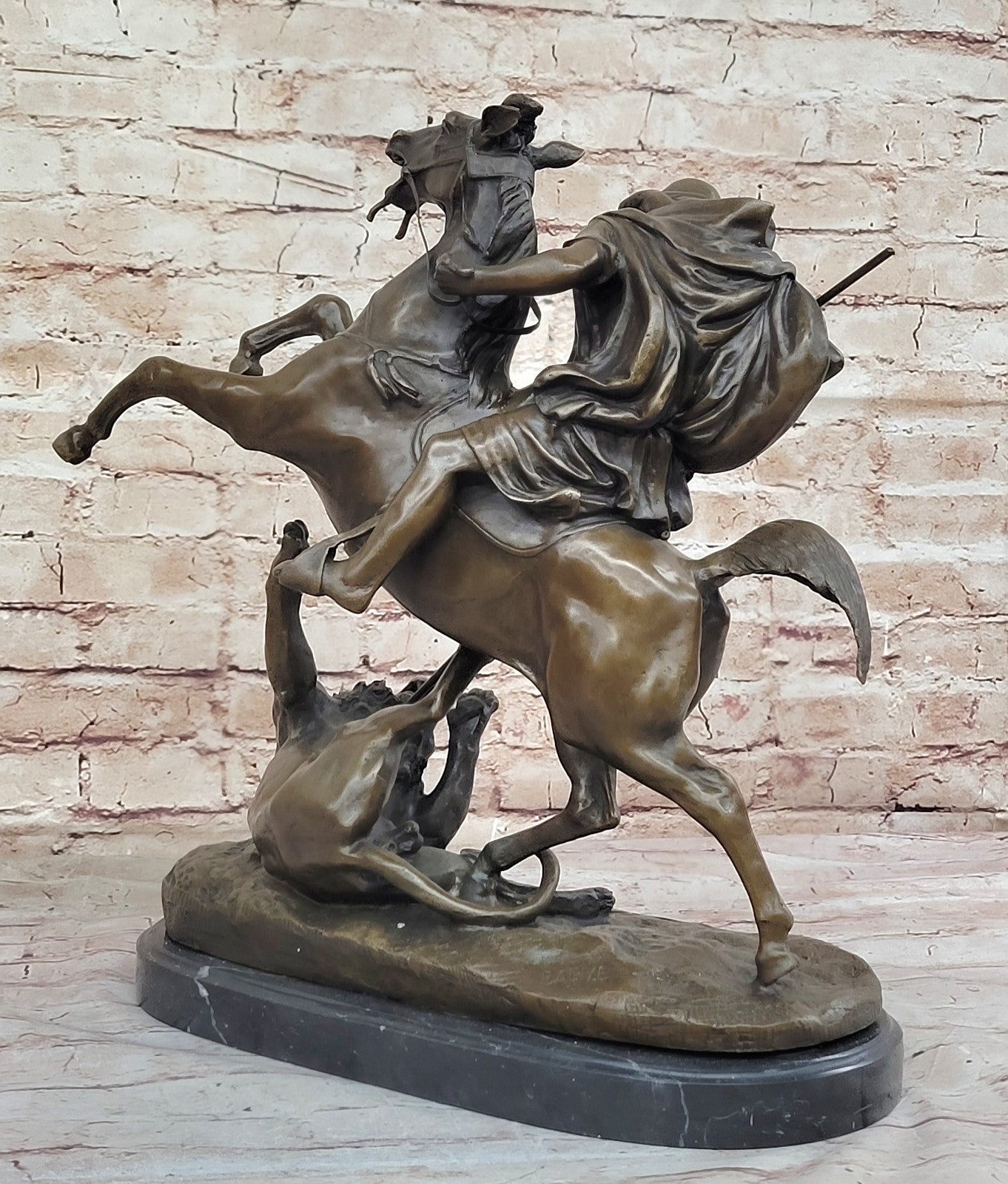 Classic Safari Scene: Barye`s Lion Hunt - Arabian Man on Horse Bronze Statue