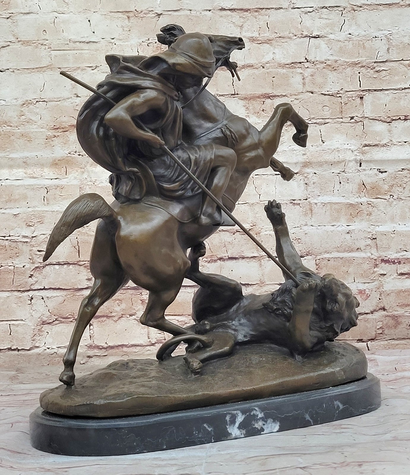 Classic Safari Scene: Barye`s Lion Hunt - Arabian Man on Horse Bronze Statue