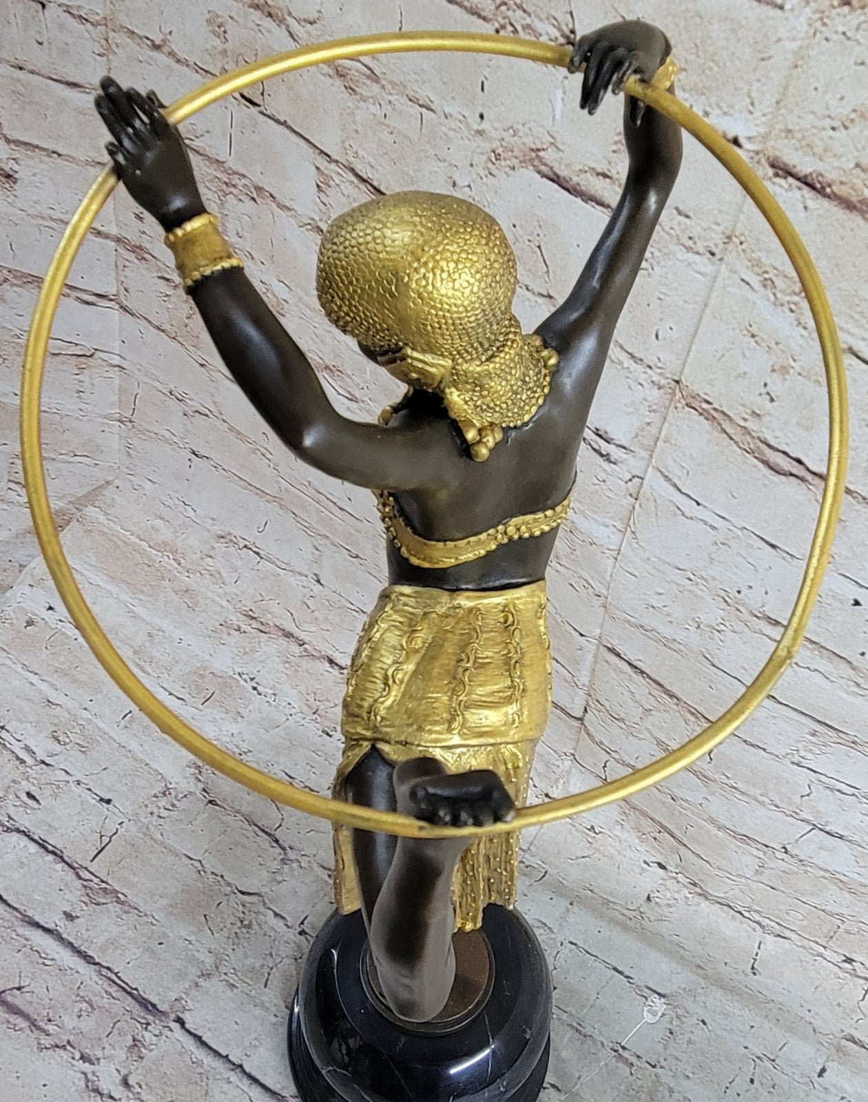 Gold Patina Art Nouveau Ring Dancer Bronze Sculpture Marble Base Figurine