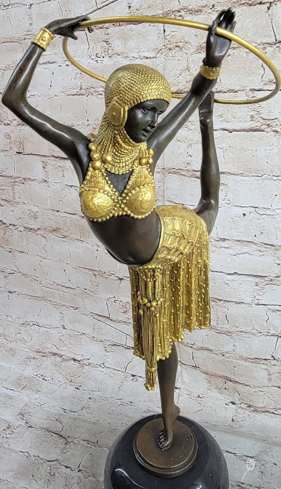Gold Patina Art Nouveau Ring Dancer Bronze Sculpture Marble Base Figurine