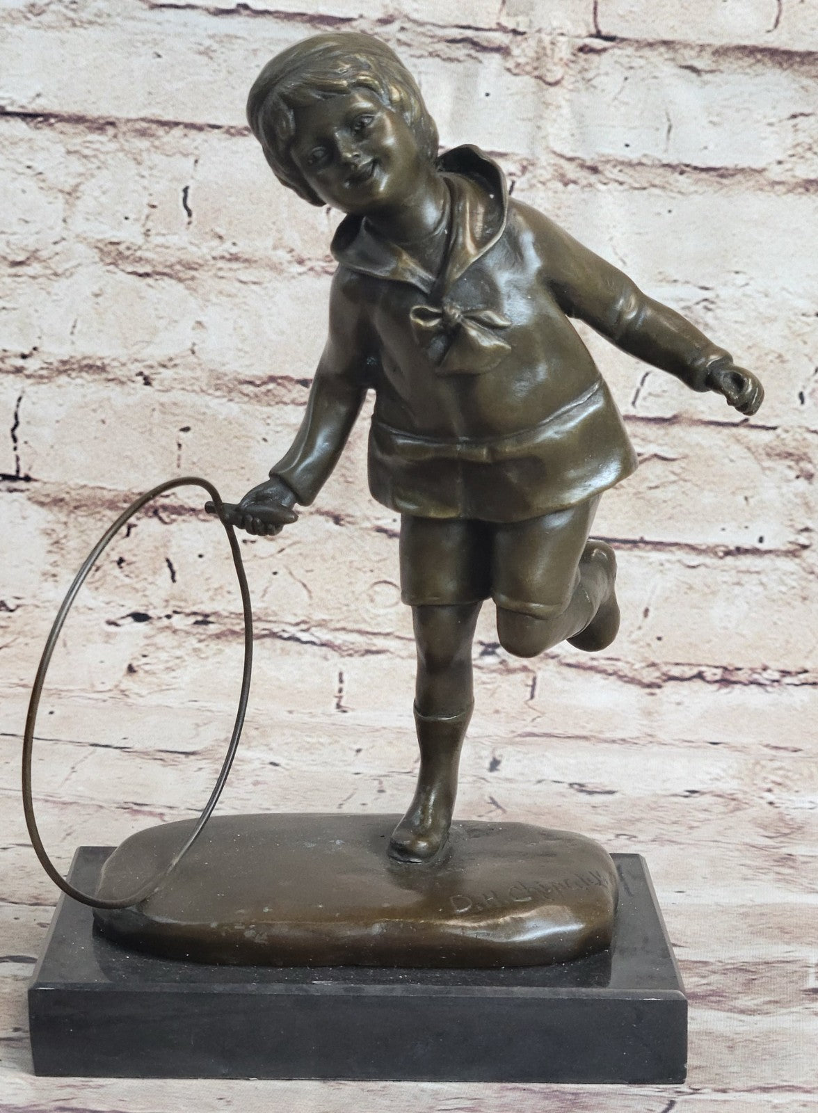 9" Bronze Art sculpture a boy with Roller Statue marble base Classic Artwork