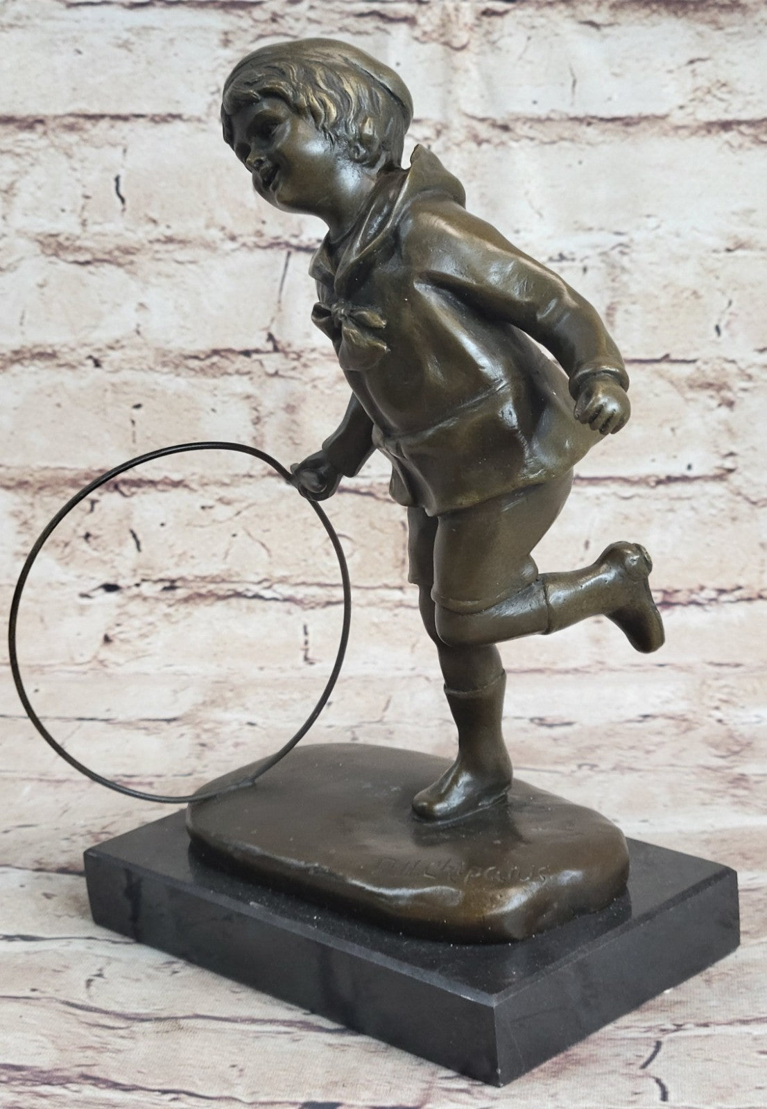 9" Bronze Art sculpture a boy with Roller Statue marble base Classic Artwork