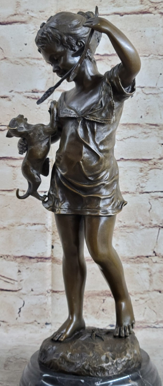Art Deco Hot Cast Vienna Bronze Toddler and her Playful Cat Bronze Figurine