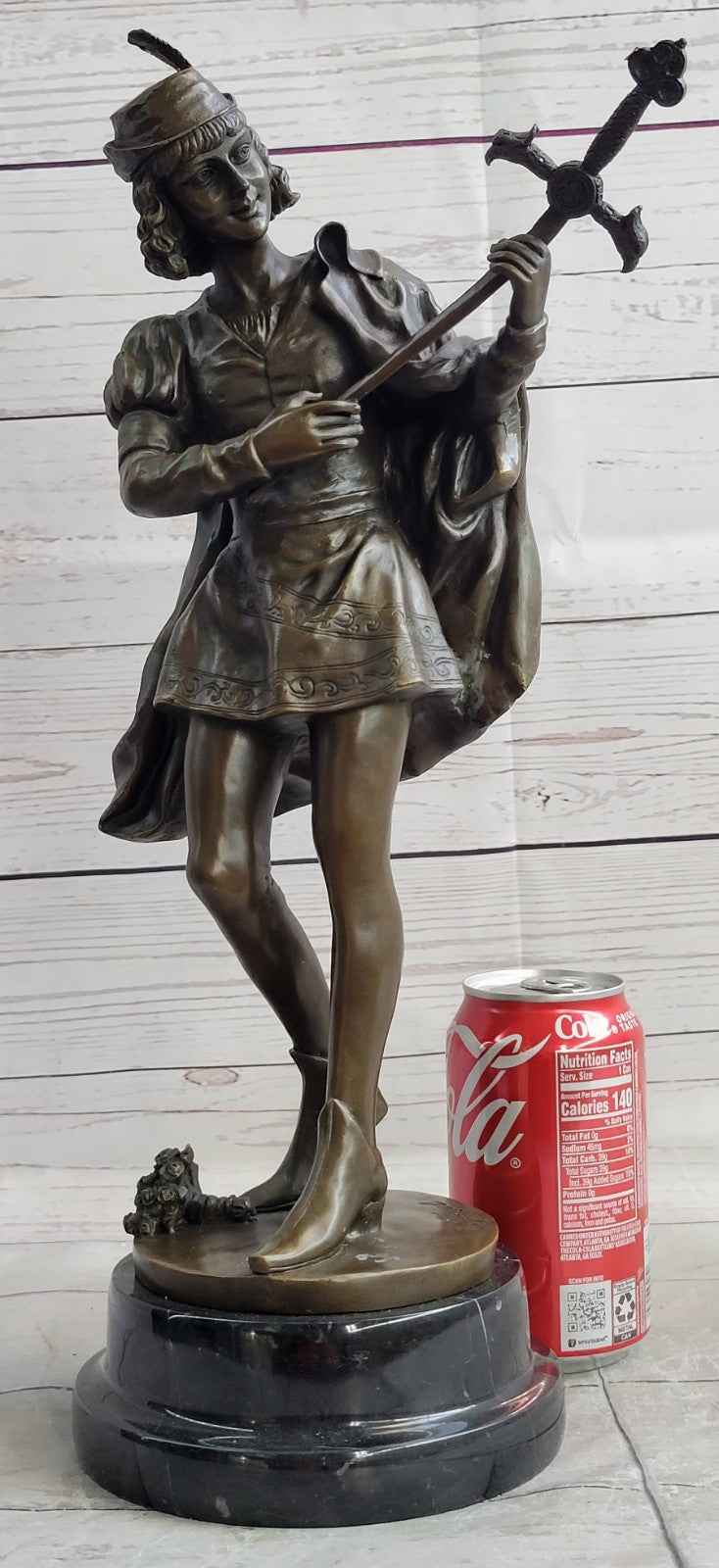 European Bronze Figure of a Minstrel by Leon Fagel, Warrior Statue with Sword